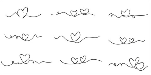 Heart dividers set, single line drawing vector on white background