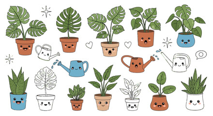 Houseplant Kawaii Character Cute Plant Pot Watering Can Various Plant Collection Vector
