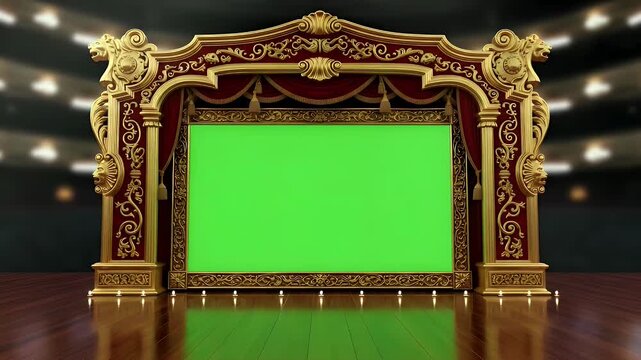 Ornate theater stage with green screen display for performances and presentations