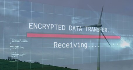 Wind turbine rotating on hill, hologram interface appearing and showing encrypted transfer progress - Powered by Adobe