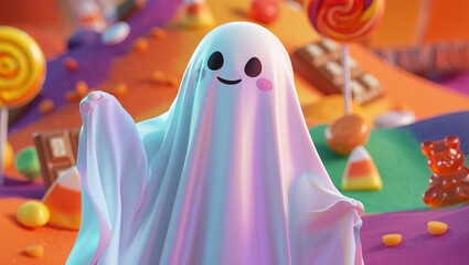 A cute, friendly ghost with rosy cheeks and a happy face stands among a colorful, festive array of Halloween candy, including lollipops, chocolate, gummy bears, and candy corn, creating a whimsical an