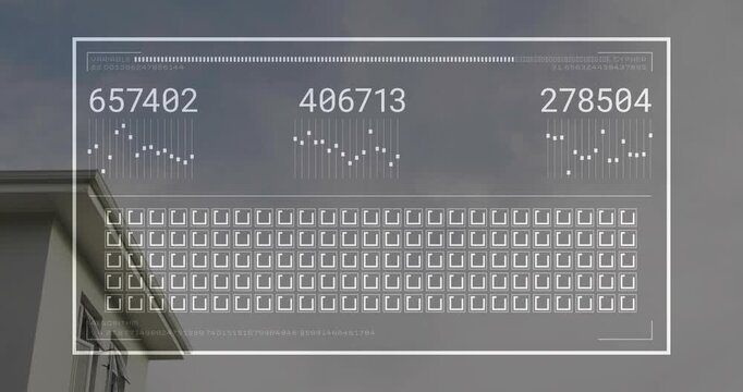 Outlined overlay initiating data scan on roof with numeric readouts and charts updating per second