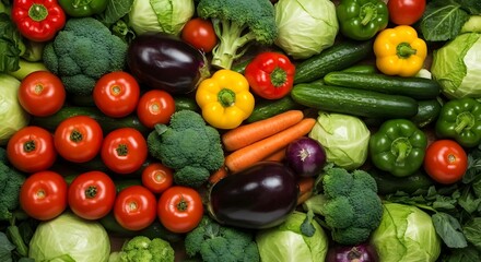 Photo from above of a collection of all the fresh colorful vegetables such as tomatoes, carrots, broccoli, and peppers arranged neatly on the table.