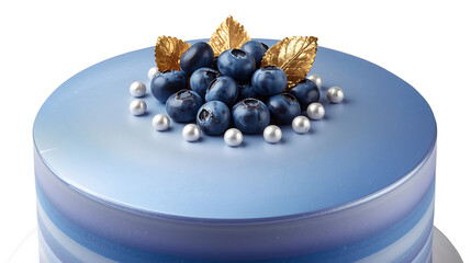 blueberry cake with gradient blue glaze silver pearls and golden leaf decorations
