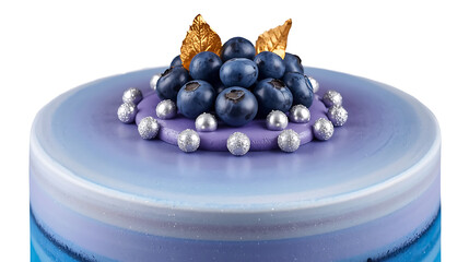 blueberry cake with gradient blue glaze silver pearls and golden leaf decorations