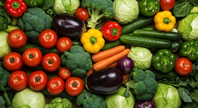 Photo from above of a collection of all the fresh colorful vegetables such as tomatoes, carrots, broccoli, and peppers arranged neatly on the table.