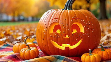 A large, glowing jack-o'-lantern with tiny carved dots sits on a colorful plaid blanket, surrounded by miniature pumpkins and fallen autumn leaves in a cozy outdoor park setting with warm fall colors.