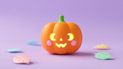 A jack-o'-lantern with a glowing face, rosy cheeks, and a green stem sits on a soft lavender background, surrounded by pastel-colored, simplified autumn leaves. It embodies a cheerful, Halloween vibe.