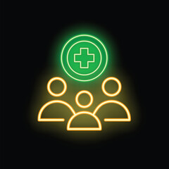 Neon sign of a green medical cross shining over a group of people on a black background