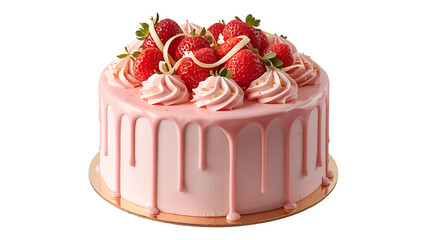 strawberry cake with pink drip frosting fresh berries and white chocolate curls