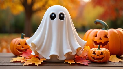 ​A small, cute ghost figurine with sparkly eyes sits on a wooden surface, flanked by three smiling carved pumpkins and scattered autumn leaves.