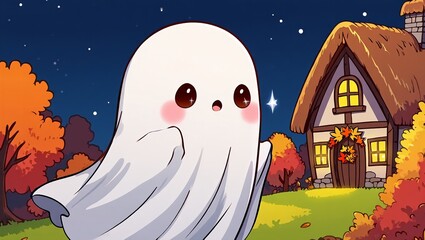 A sweet, wide-eyed cartoon ghost with rosy cheeks floats at night in front of a cozy cottage, surrounded by vibrant orange and red autumn foliage.