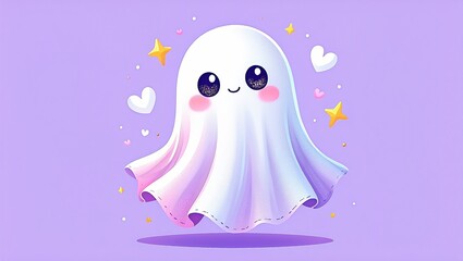 ​An adorable, plump cartoon ghost with sparkly eyes and pink cheeks, floating against a pastel purple background with hearts and stars.