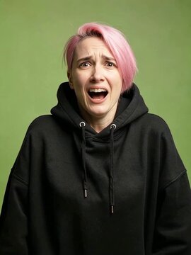 Young punk woman in a black hoodie reacting with extreme fear, dread, and distress, serving as a powerful emotional concept for marketing or psychological drama b-roll footage.