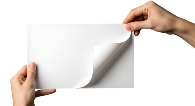 Hands Holding Blank Paper Sheet With Curled Corner On Transparent Background