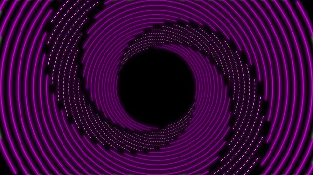Futuristic purple and white glowing spiral tunnel, abstract neon light circular pattern on dark background