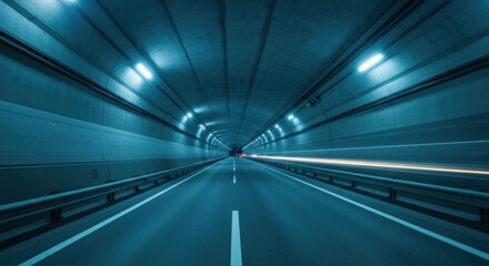 Dark tunnel with illuminated lights and a speeding light trail