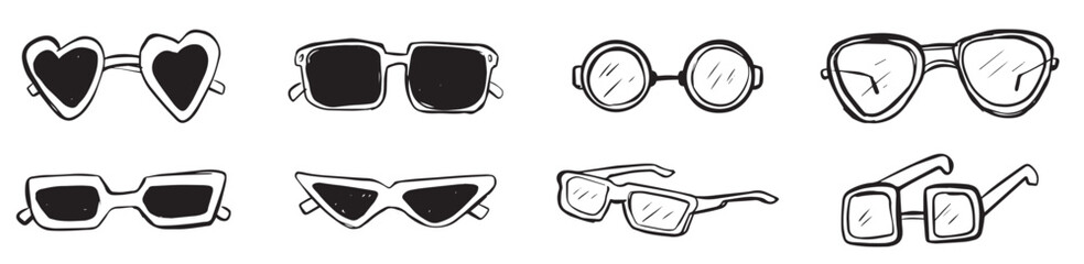 Set Of Sun glasses hand drawn illustration. Hand drawn sunglasses collection in black and white on transparent background, vector illustration.