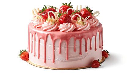 strawberry cake with pink drip frosting fresh berries and white chocolate curls