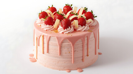 strawberry cake with pink drip frosting fresh berries and white chocolate curls
