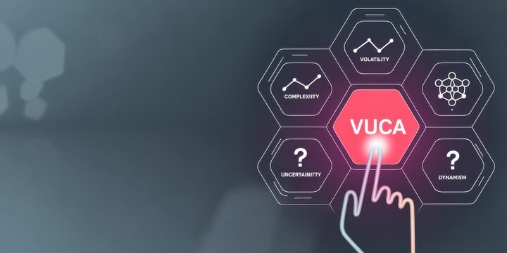 VUCA Framework Illustrated: This captivating image elegantly visualizes the VUCA framework, with a digital hand interacting with the key components of volatility, uncertainty, complexity.
