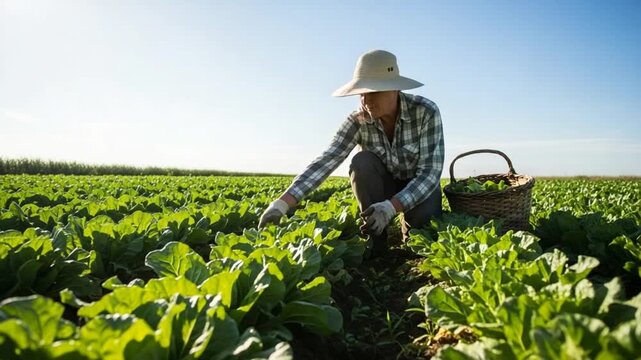 Woman Harvesting Cabbage in Field on Sunny Day