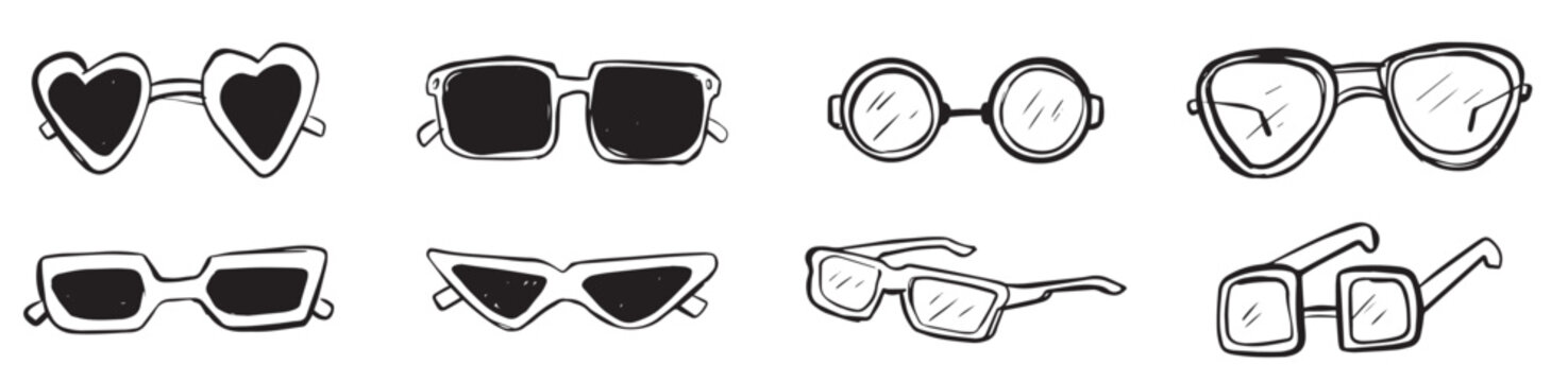 Set Of Sun glasses hand drawn illustration. Hand drawn sunglasses collection in black and white on transparent background, vector illustration.