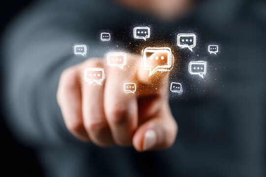 A person's finger pointing at a glowing digital speech bubble icon on a virtual interface.
