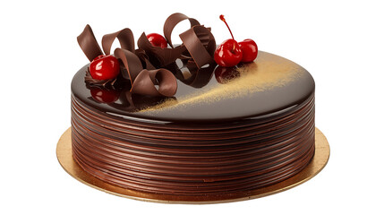 elegant ganache cake with dark glaze cherry topping and decorative chocolate swirls
