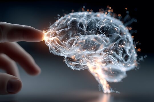 A human finger makes contact with a luminous, digital brain, representing the fusion of technology and consciousness.