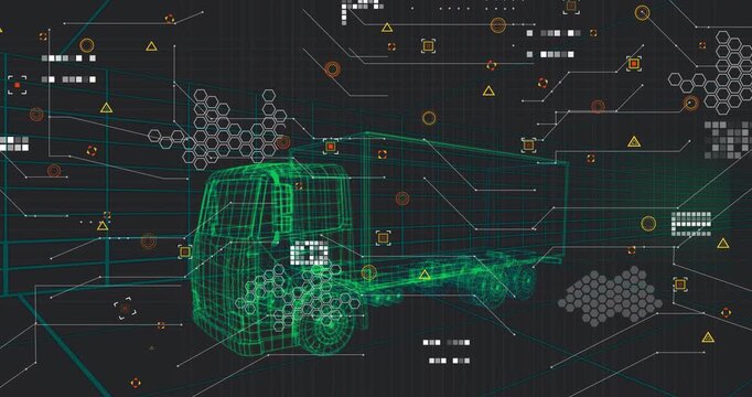 With neon-green wireframe freight truck appearing, squares and hexagons orbiting simulating scan - Powered by Adobe