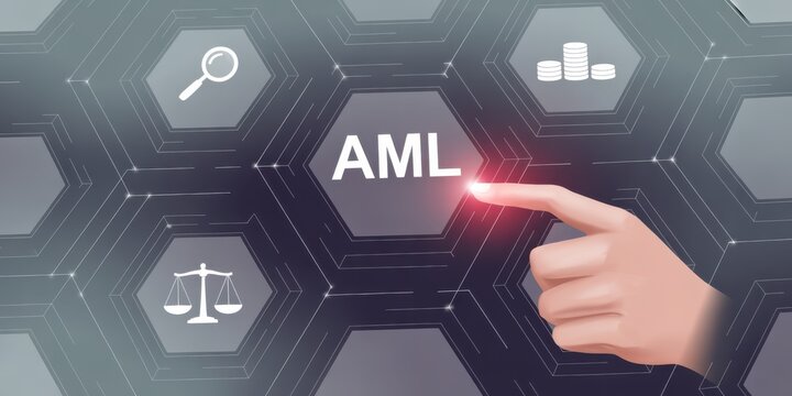 AML Concept Illustration: The image centers around the concept of Anti-Money Laundering (AML), shown by a finger pressing on a button labeled AML.