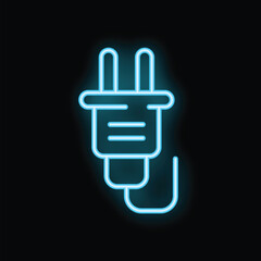 Bright blue neon sign depicting an electric plug glowing on a black background