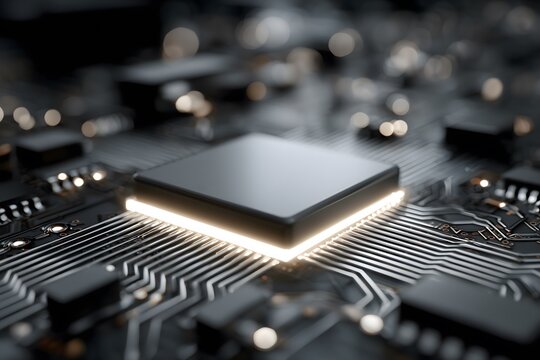 Close-up view of a glowing central processing unit (CPU) on a complex circuit board, highlighting intricate pathways and electronic components.