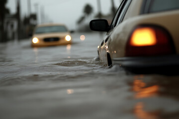 Vehicles wade through deep floodwater with headlights cutting through the murky depths. The severity of the flooding is palpable in the environment.