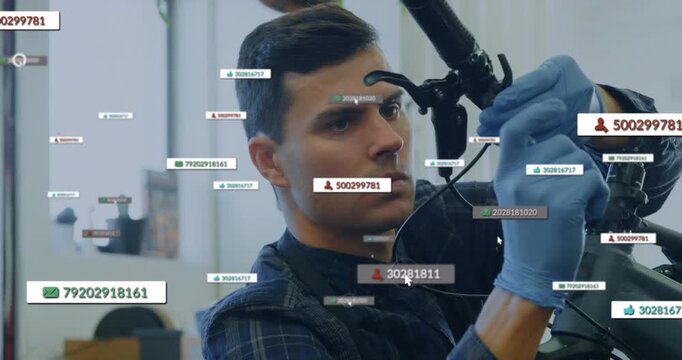 Bike mechanic using hex key securing lever, adjusting tension as floating labels guiding alignment