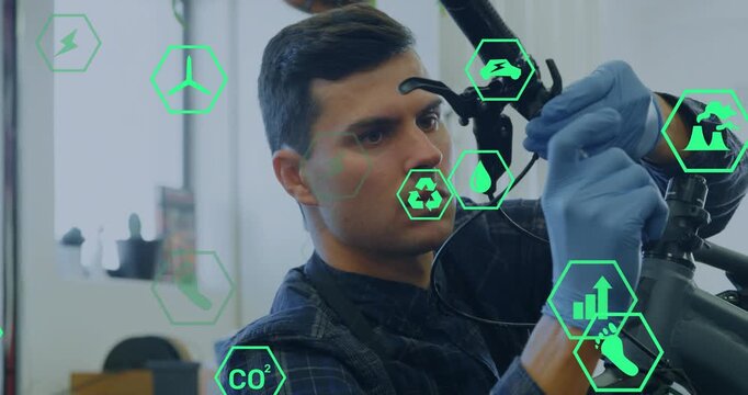 Technician inspecting ebike handlebar under window daylight connecting cable and flashing eco icons