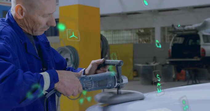 Auto technician activating polisher, polishing car hood and generating green energy recycling icons