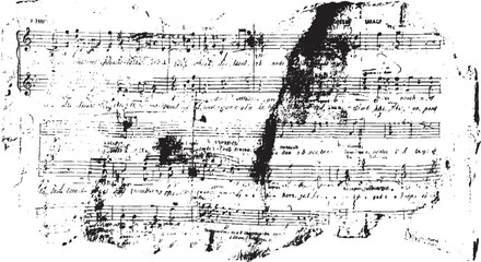 Old handwritten musical score with ink smudges and torn edges vintage