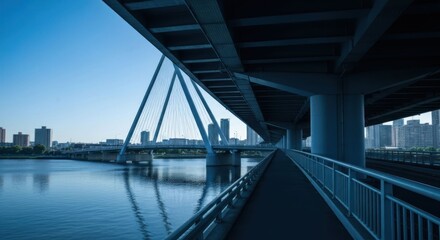 Fototapeta premium Elevated walkway under a bridge with a cable-stayed bridge and city skyline