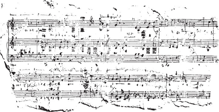 Torn handwritten musical score with black notes and staves vector