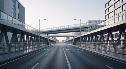 Obraz premium Empty city street with pedestrian overpasses between modern buildings