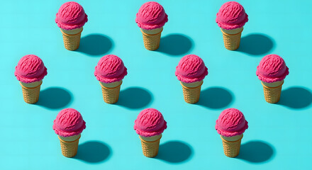Pattern of Pink Ice Cream Cones on Teal Background