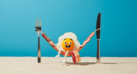 Fried Egg Character Relaxing in Bacon Hammock 5d19a878f5c642c804947af67fe17d56dr