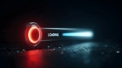 Futuristic digital loading bar with glowing red circle and blue progress indicator on a dark background, symbolizing data processing or system initialization.