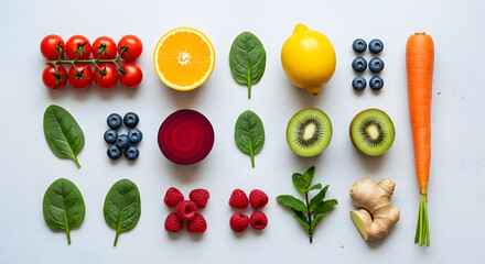 Assortment of Fresh Fruits and Vegetables Flat Lay