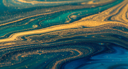Abstract Swirling Teal and Gold Liquid Art marbling
