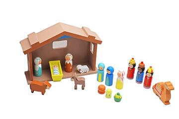 Petite crèche aux personnages en bois peint