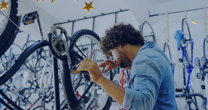 Bike mechanic inspecting wheel alignment and oiling chain and tightening crank with star overlays