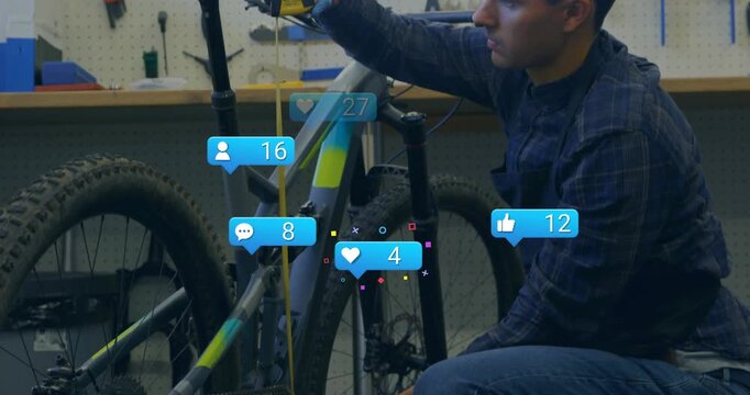 Bicycle mechanic hooking measuring tape at bike bracket for seat tube measuring, animating icons